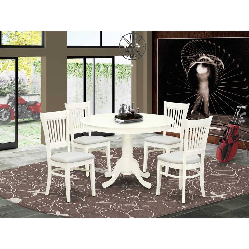 HomeStock 5-Piece Linen White Finish Solid Wood Top Dining table with 4 Chairs with Slat Back