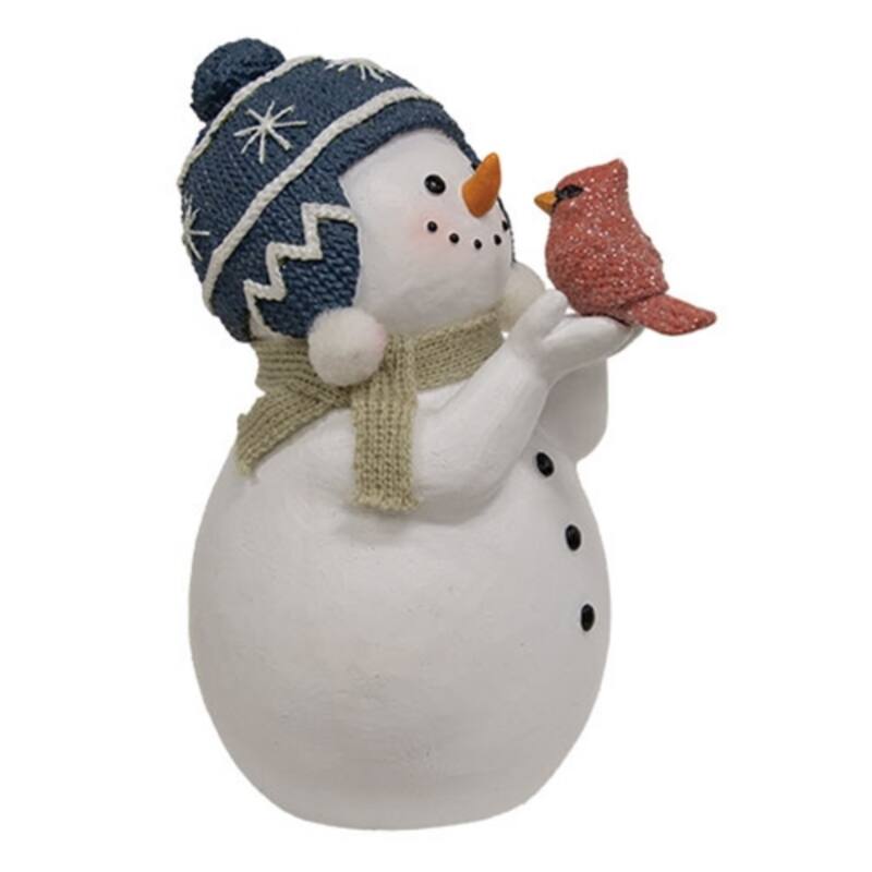 Winter Resin Snowman Decoration with Glitter Accents and Blue Hat for Tabletop Display - 7" H x 3.75" W x 5.25" D
