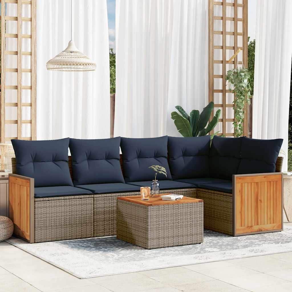 vidaXL 6 Piece Patio Sofa Set with Cushions Gray Poly Rattan - 69.3x27.2x69.3