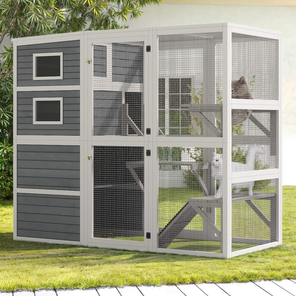 Moasis 78" Width Large Catio Outdoor Cat Enclosure Cat Kennel Wooden Cage with Platforms