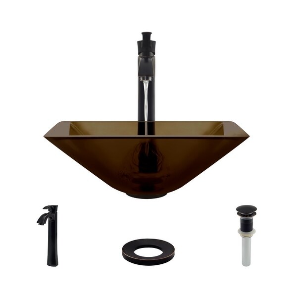 Rene R5-5003-CAS-R9-7006 16-1/2" Glass Vessel Bathroom Sink with Vessel Faucet, Sink Ring, and Vessel Pop-Up Drain