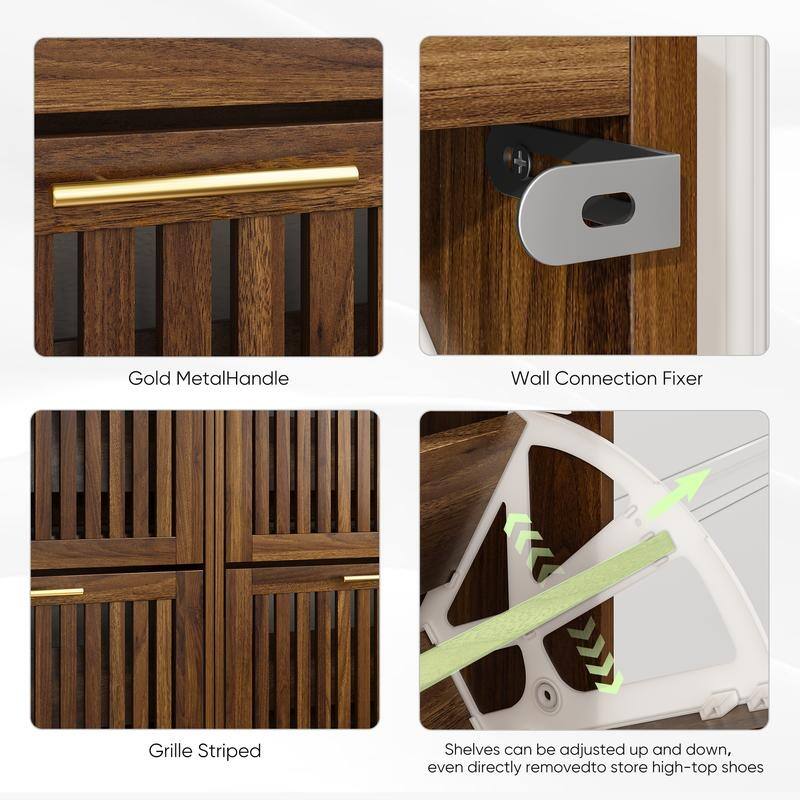 23.62"W Walnut Grille Striped Shoe Cabinet, 12 Pair Shoe Storage Cabinet W/2 Flip-Top Drawer - N/A