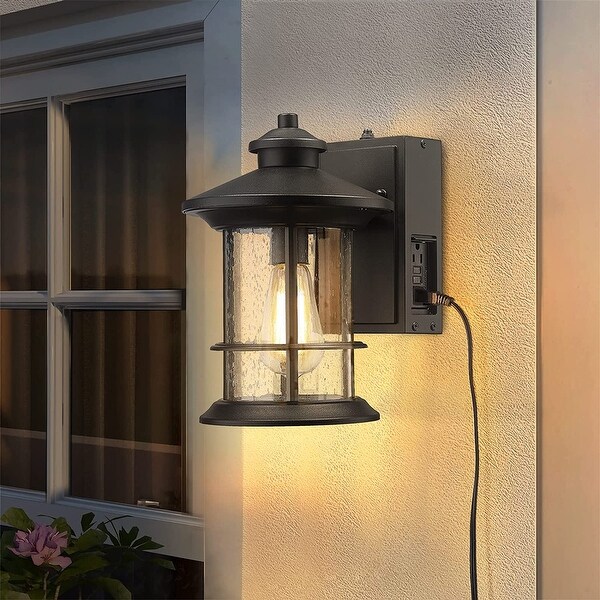 Porch Light with Built in GFCI Outlet Dusk to Dawn Outdoor Lighting Photocell Sensor Aluminum with Seeded Glass Black Finish On Sale Bed Bath Beyond 36980874