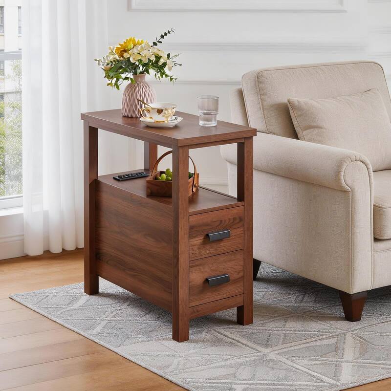 End Table with Charging Station,Side Tables with USB Ports & Outlets,Side Table with 2 Drawers, Small Wood Bedside Table