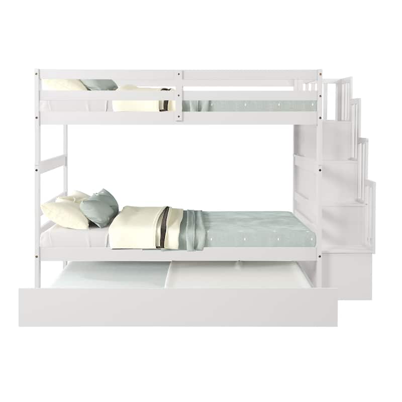 Detachable Twin over Twin Bunk Bed Frame, Solid Wood Bunk Bed with Storage Stairs and Trundle Bed, Divided Into 2 Separate Beds