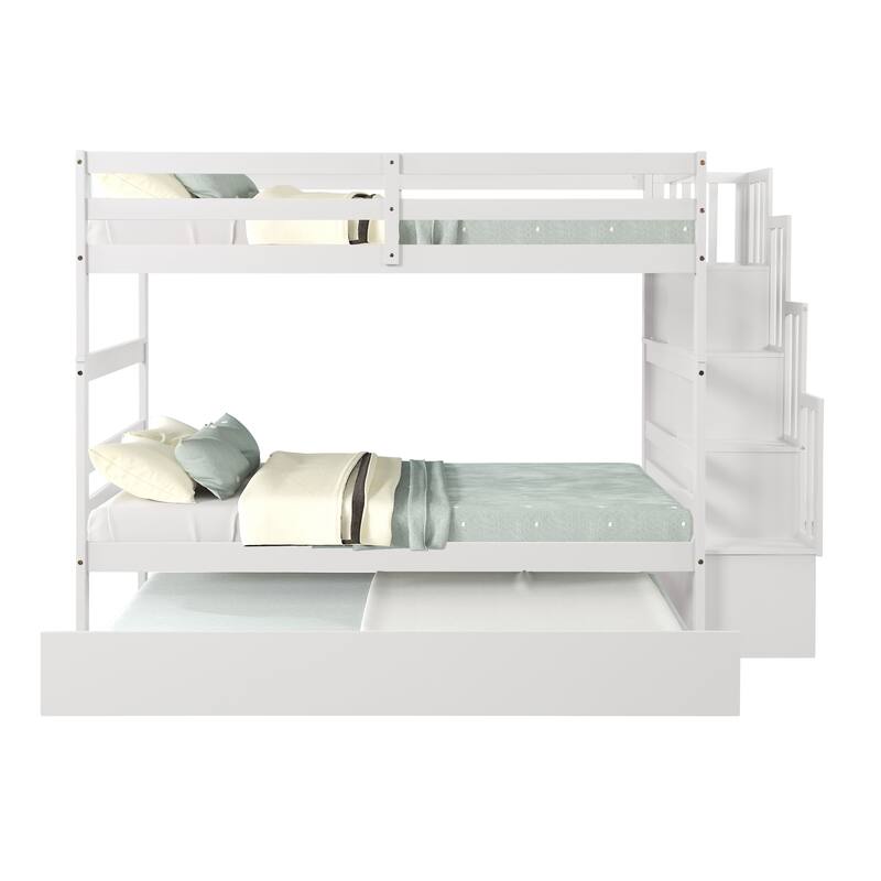 Twin Over Twin Pine Bunk Bed with Trundle and Storage Staircase