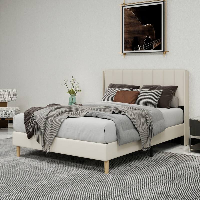 Caxkun Upholstered Platform Bed Frame with Wingback headboard - Beige - Full
