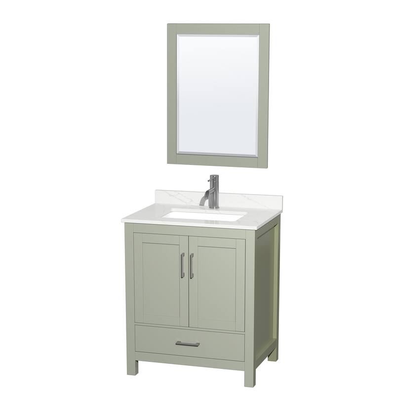 Sheffield 30-inch Single Vanity, Single Hole Quartz Top,24-inch Mirror - Light Green, Nickel Trim, Giotto Quartz Top