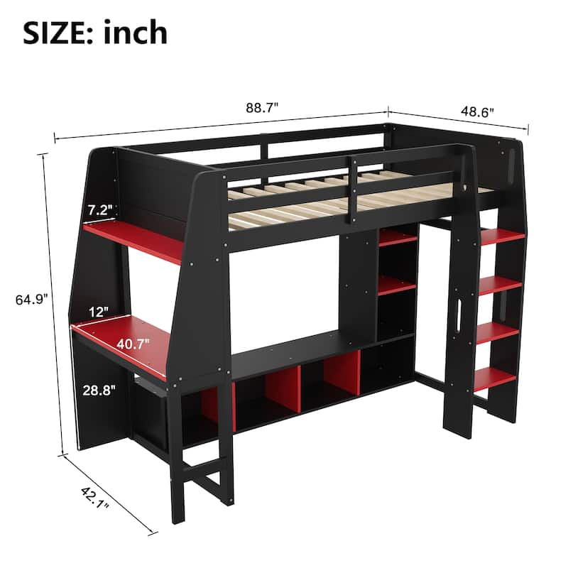 Gaming Loft Bed Teen Bed Frame with Desk Multi-storage Shelves Hanging Clothes Rack Space Saving LED Workstation Loft Bed