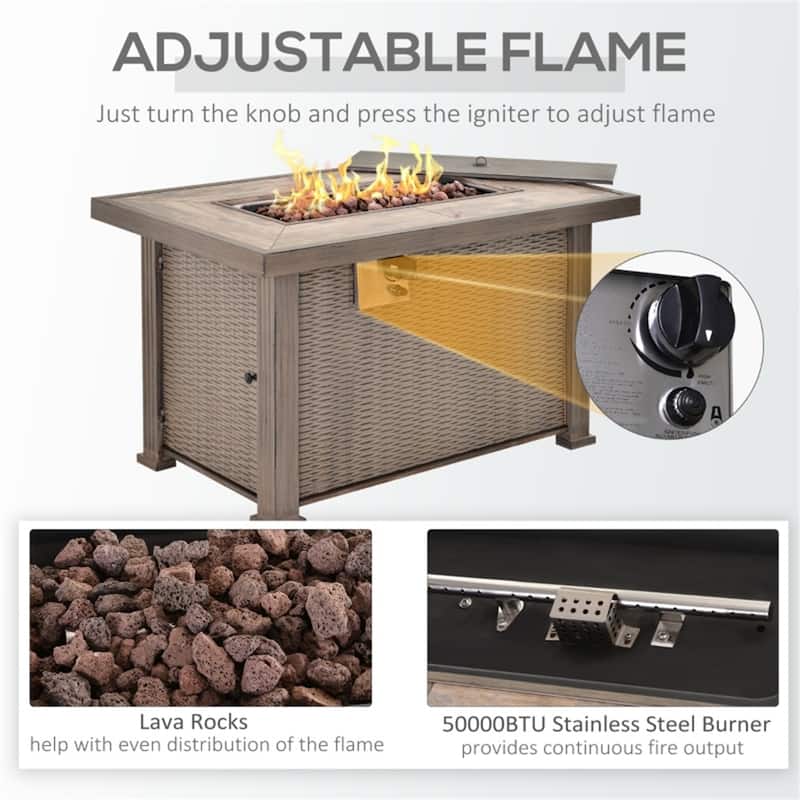 42 Inch Grey Propane Fire Pit Table with 50000 BTU Burner Tile Top Lid Lava Rocks Hidden Tank - 42" L x 25.75" W x 24.5" H