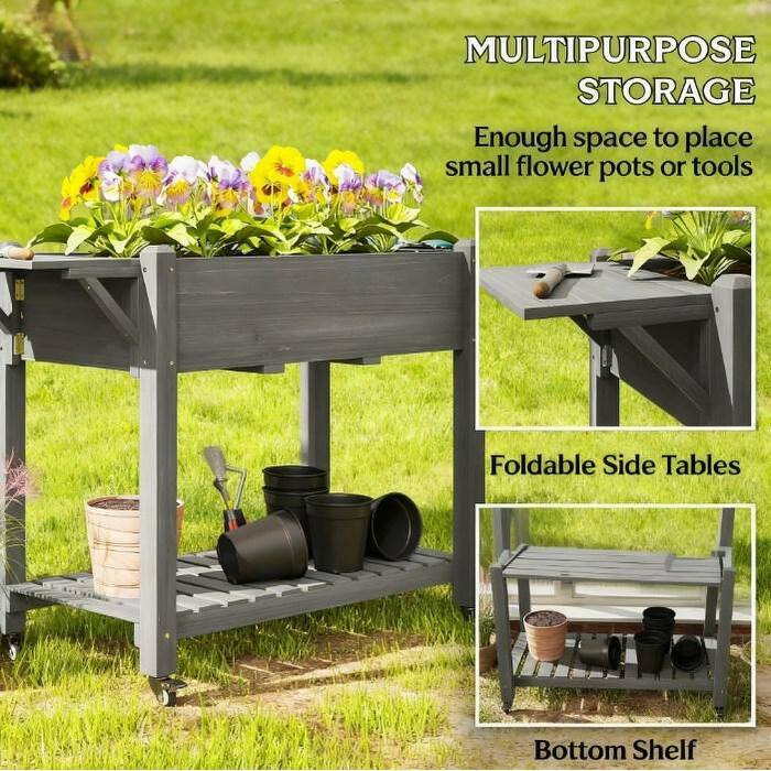 Elevated Garden Bed with Lockable Wheels and Side Tables, Wood Raised Planter Box with Bottom Shelf and Drain Holes
