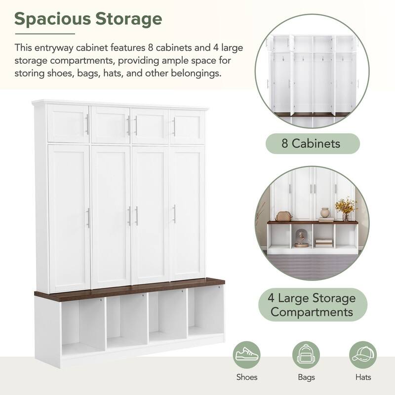 Hall Tree Hallway Storage Bench with Shoe Cubbies and Coat Rack with Hooks