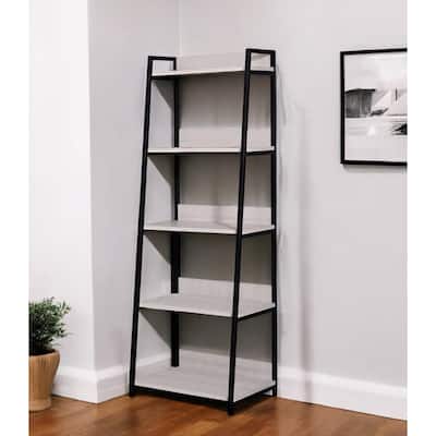 HomeRoots 67" Natural and Black Metal Five Tier Ladder Bookcase