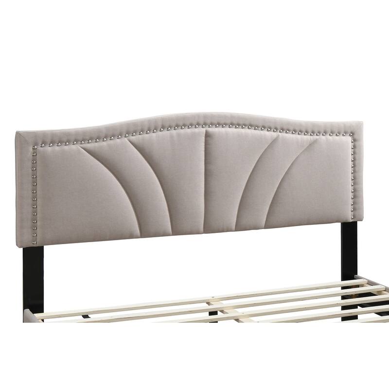 Queen Size Light Brown Burlap Fabric Platform Bed with Nailhead Trim Headboard