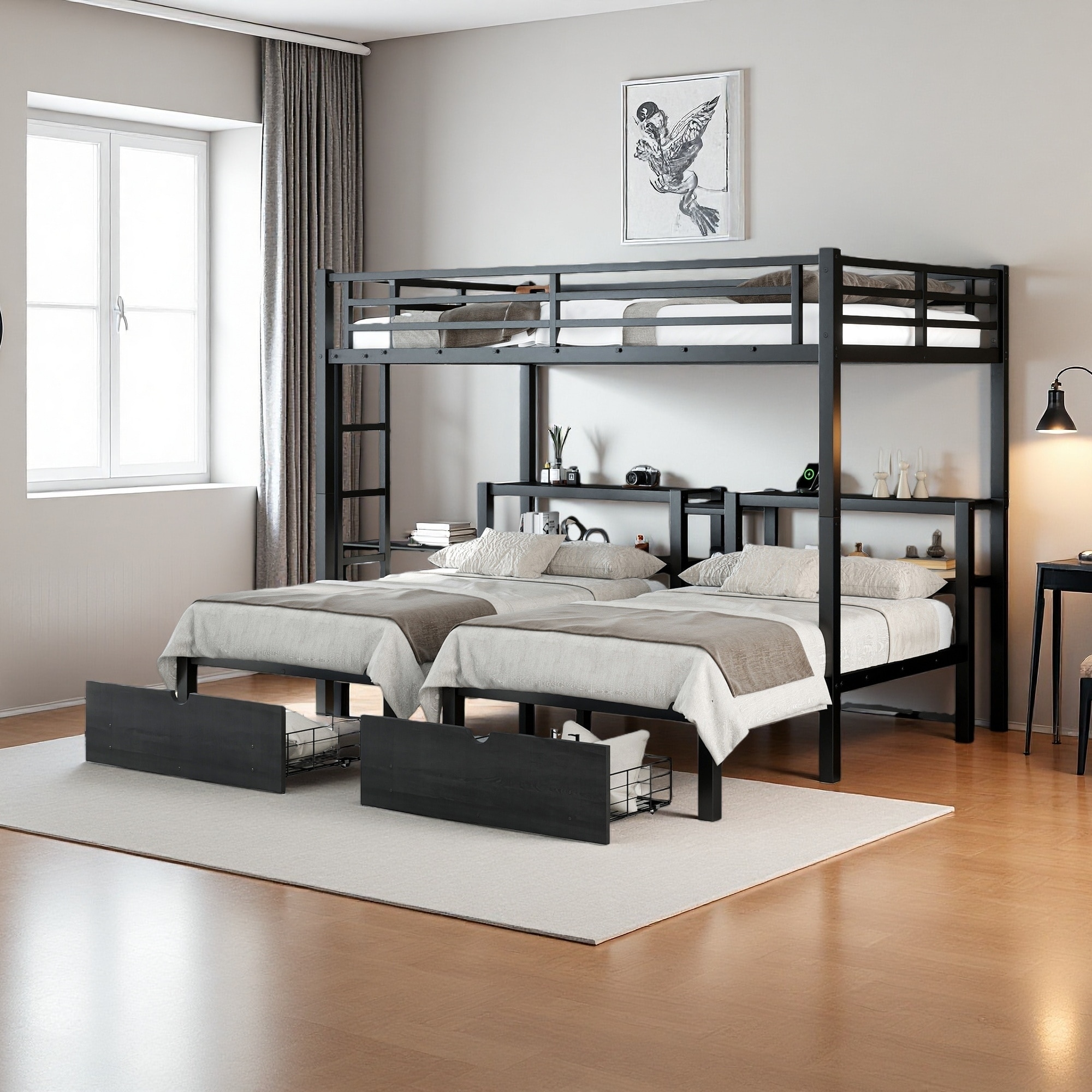 Full XL Over Twin & Twin Metal Triple Bunk Bed with Drawers, Shelving, USB Ports, Multi-Functional Space-Saving Design