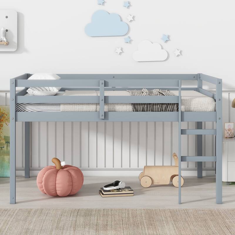 Solid Wooden, Rubber Wooden Twin Loft Bed with Ladder, Bed Platform of Strengthened Slats - Grey