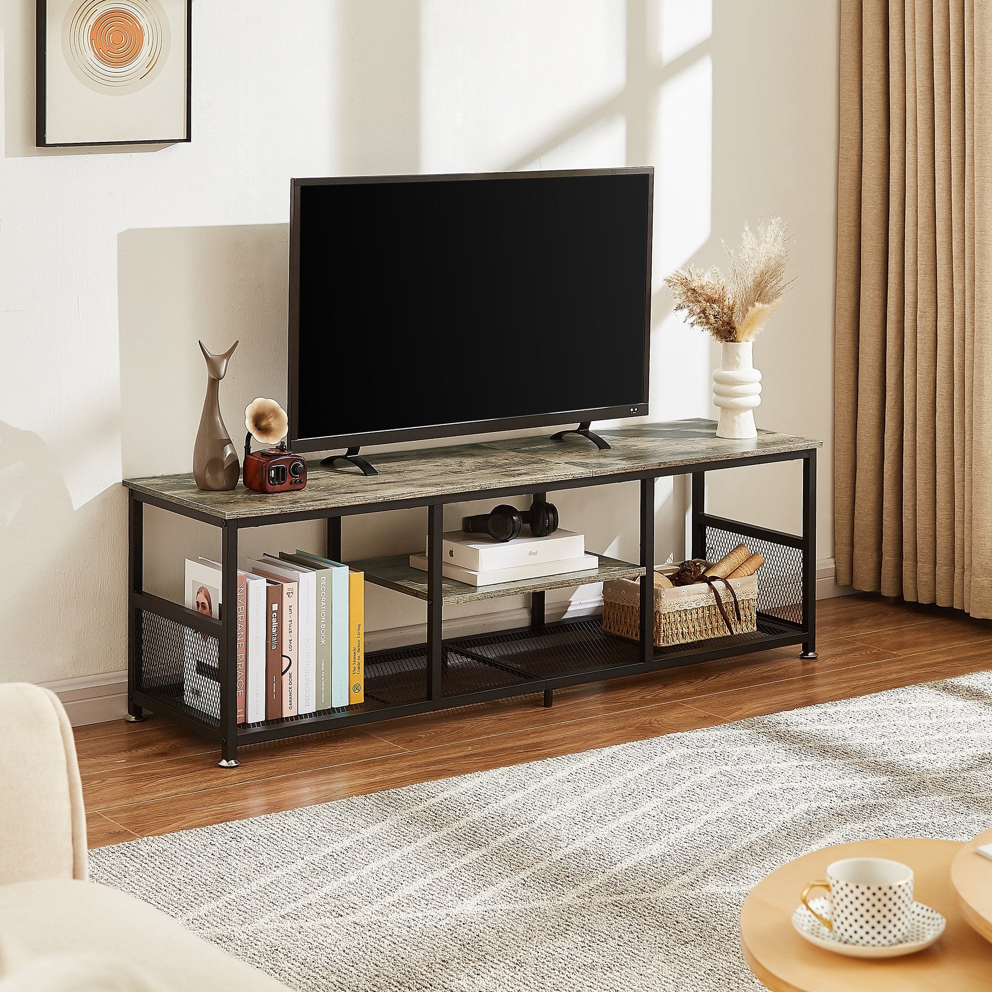 Javlergo TV Stand Industrial Entertainment Center Media Console Table with Storage and Mesh Shelf for Living Room/Bedroom, Grey