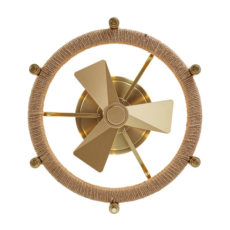 20.4" Farmhouse Gold Hemp Rope Chandelier Low Profile Caged Ceiling Fan with Light - 20.35 in. D x 20.35 in. W x 6.54 in. H