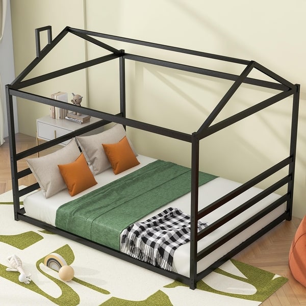 slide 2 of 12, Black Queen Size Metal House Shape Platform Bed Black
