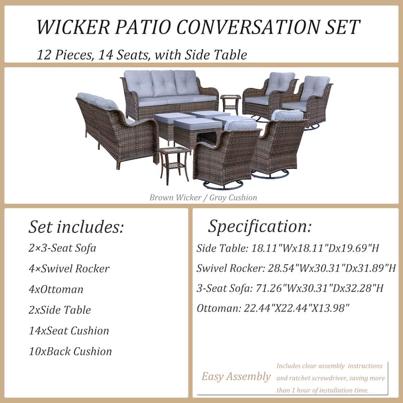 12 Piece Outdoor Wicker Patio Furniture Seating Set with Swivel Chairs