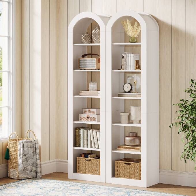 74.8-Inch Arched Tall Bookshelf, 6-Tier Rustic Wooden Bookcase - 2PC - White