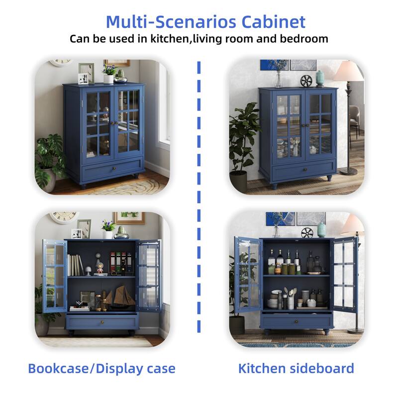 Modern Wooden Buffet Cabinet with Double Glass Doors & Drawer, Storage Sideboard for Dining Room & Entryway