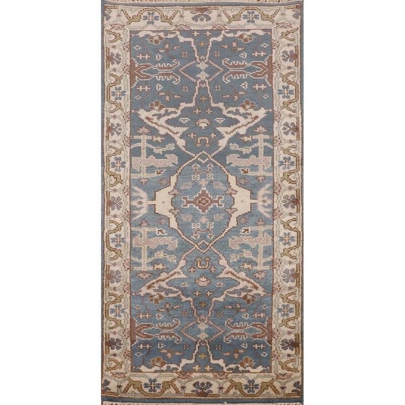 Blue & Ivory Oushak Indian Foyer Rug Handmade Wool Carpet - 2'8"x 6'1"