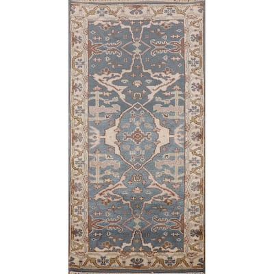 Blue & Ivory Oushak Indian Foyer Rug Handmade Wool Carpet - 2'8"x 6'1"