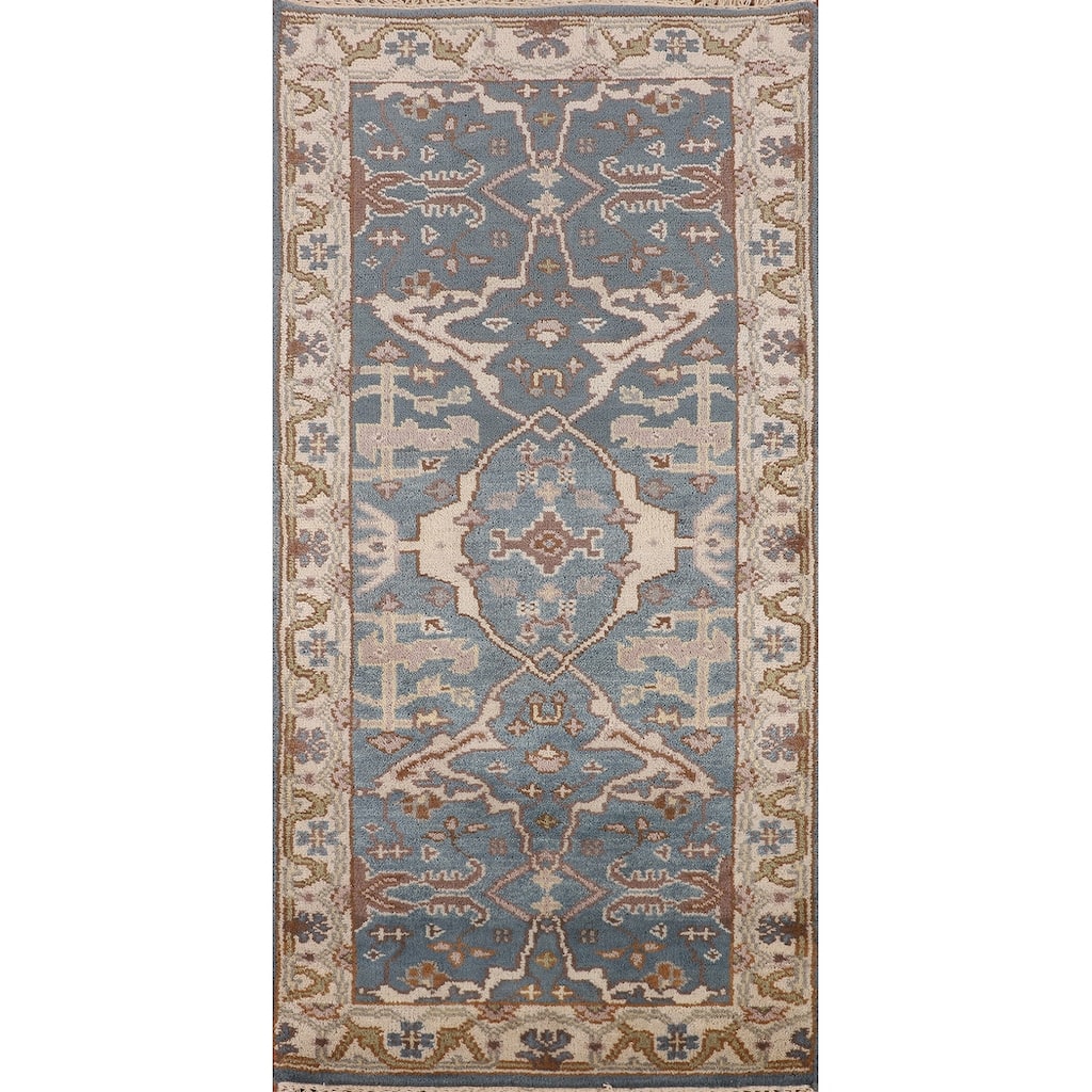 Blue & Ivory Oushak Indian Foyer Rug Handmade Wool Carpet - 2'8"x 6'1"