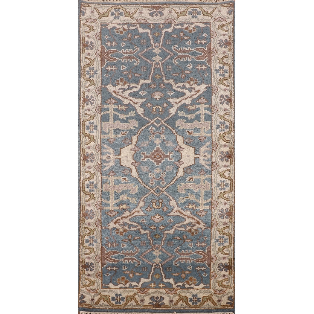 Blue & Ivory Oushak Indian Foyer Rug Handmade Wool Carpet - 2'8"x 6'1"