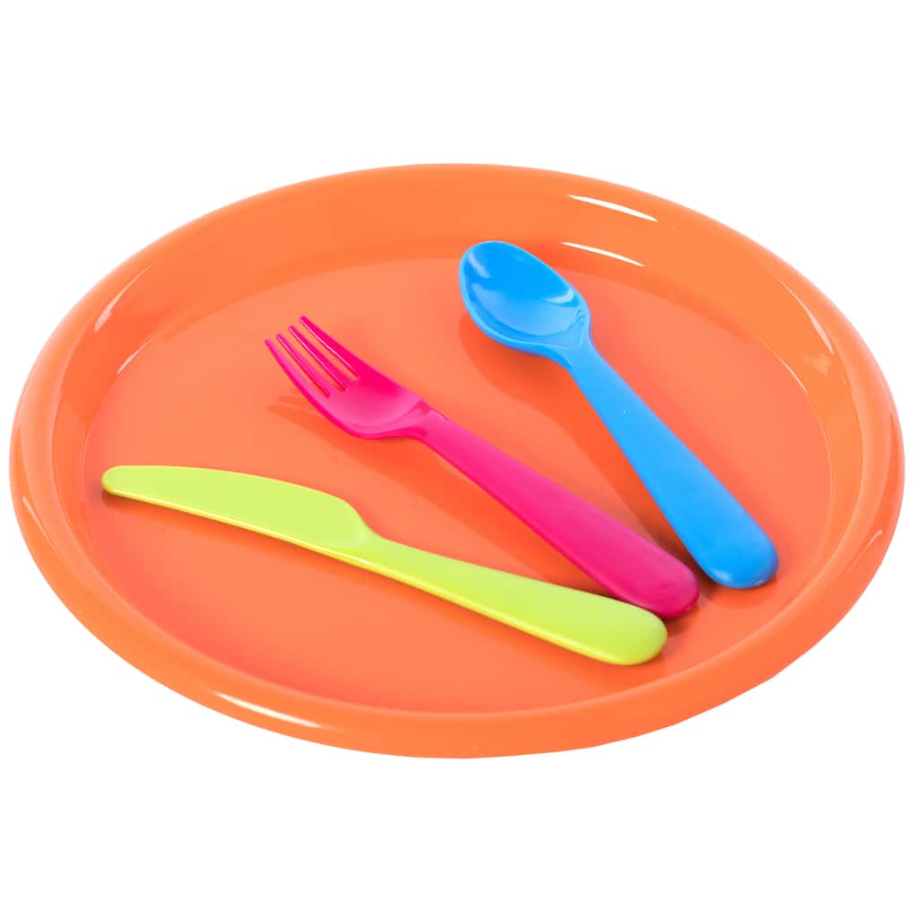 Reusable Cutlery Set of 4 Plastic Plates, Spoons, Forks and Knives