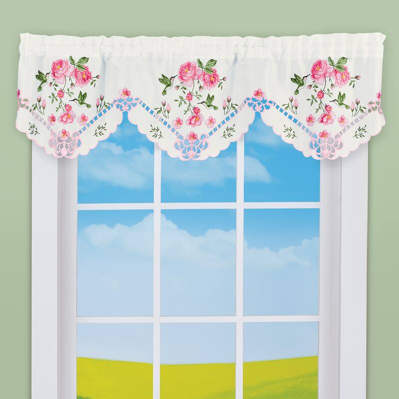 Lovely Embroidered Hummingbirds and Roses Window Valance - 8.500 x 6.000 x 1.000 - White - 8.500 x 6.000 x 1.000
