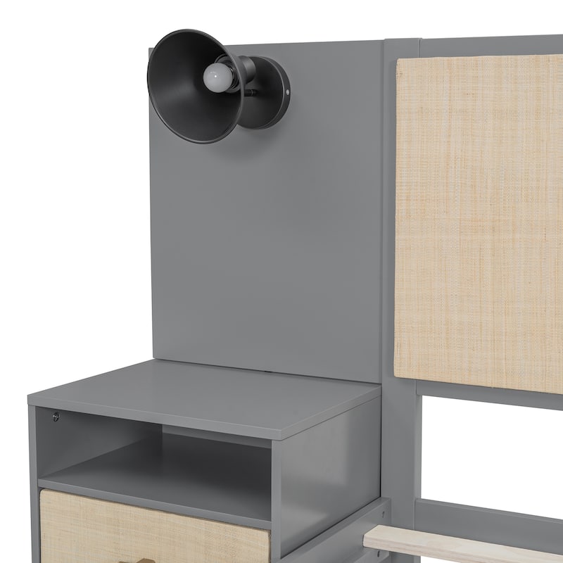 Queen Bed Frame with 2 Nightstands, Rattan & Wood Combination, Built-in Lamps