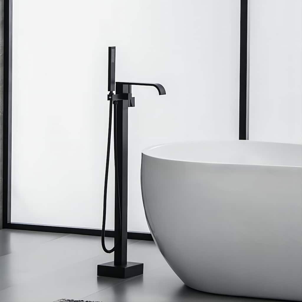 Floor Mount Tub Faucet Freestanding Tub Filler With Handheld Shower in Matte Black