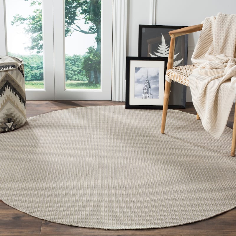 SAFAVIEH, Handmade Montauk Cliff Stripe Flatweave Cotton Fringe Rug - 6' Round - Ivory/Green