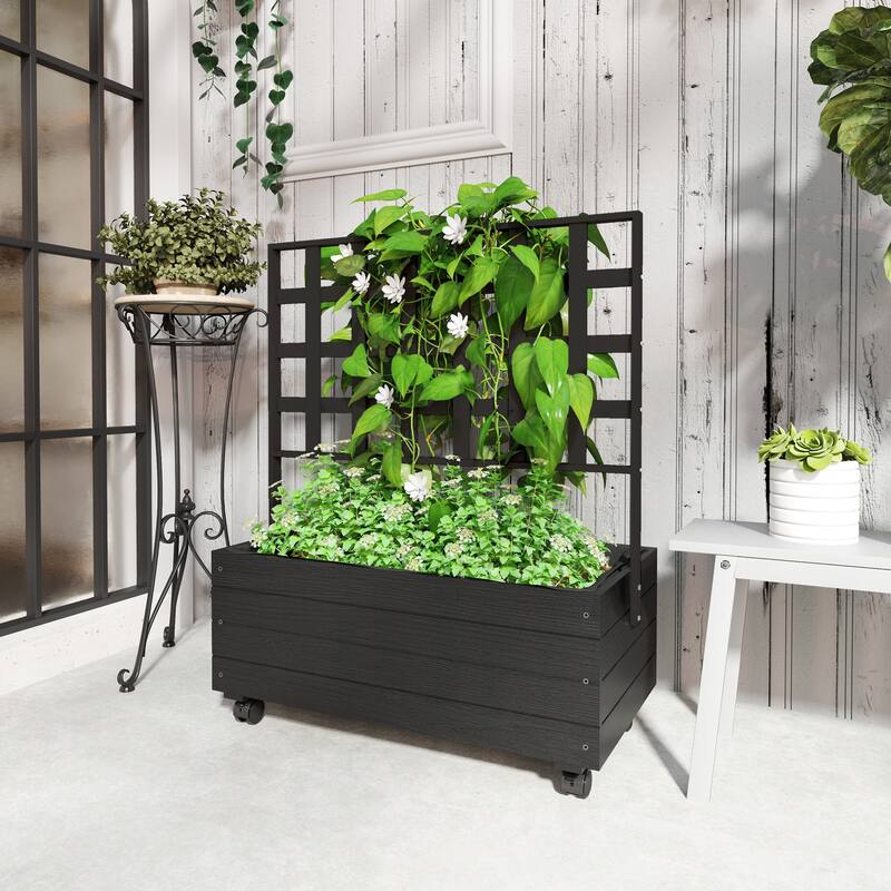 Outsunny Raised Garden Bed with Trellis and Wheels, Outdoor Wooden Elevated Planter Box, Freestanding Raised Flower Bed - Black