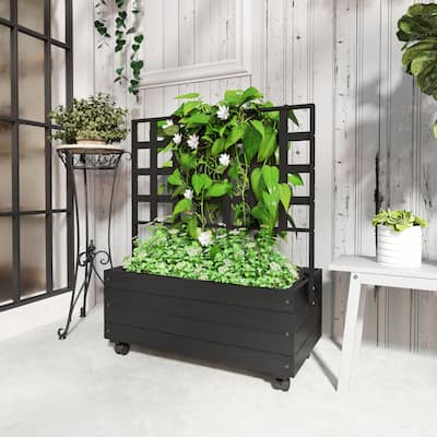 Outsunny Raised Garden Bed with Trellis and Wheels, Outdoor Wooden Elevated Planter Box, Freestanding Raised Flower Bed