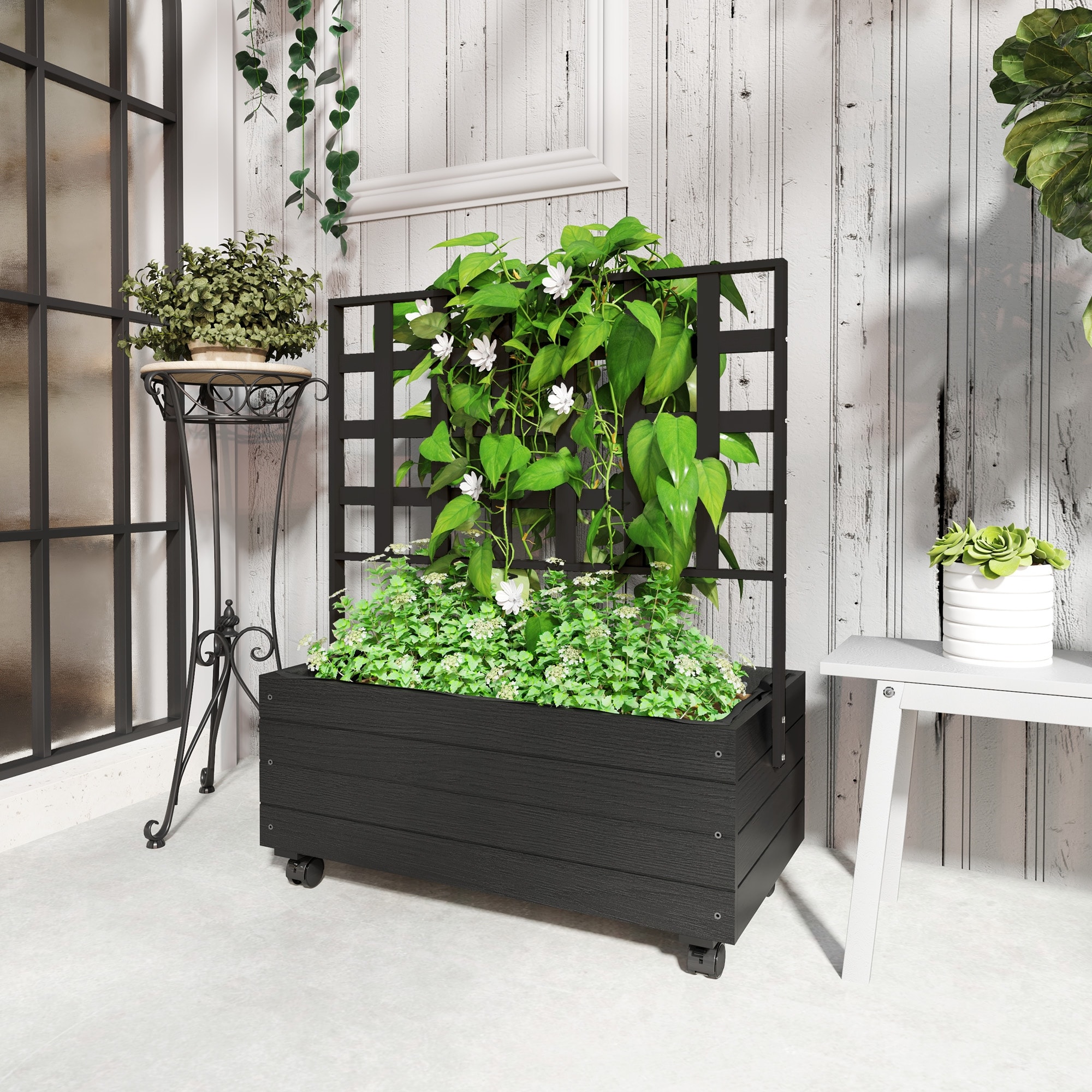 Outsunny Raised Garden Bed with Trellis and Wheels, Outdoor