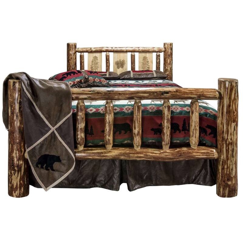 King Bed Rustic Design - Laser Engraved Pine Tree - Solid Wood Frame - Stain & Lacquer Finish - HomeStock