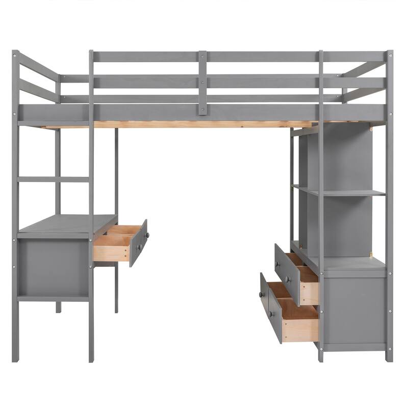 Full Size Pine Wood Loft Bed with Built-in Desk with Two Drawers, and Storage Shelves and Drawers