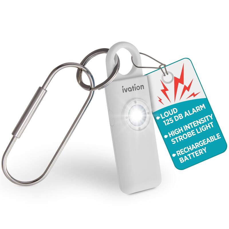 Ivation Personal SOS Keychain Alarm, 130 dB Rechargeable Personal Alarm w/LED Strobe Light - White