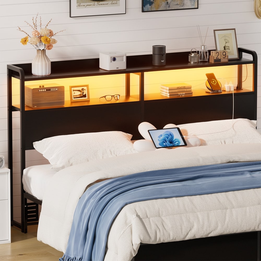 Headboard with Storage Drawers and LED Light, Head Board with Outlets, USB Ports