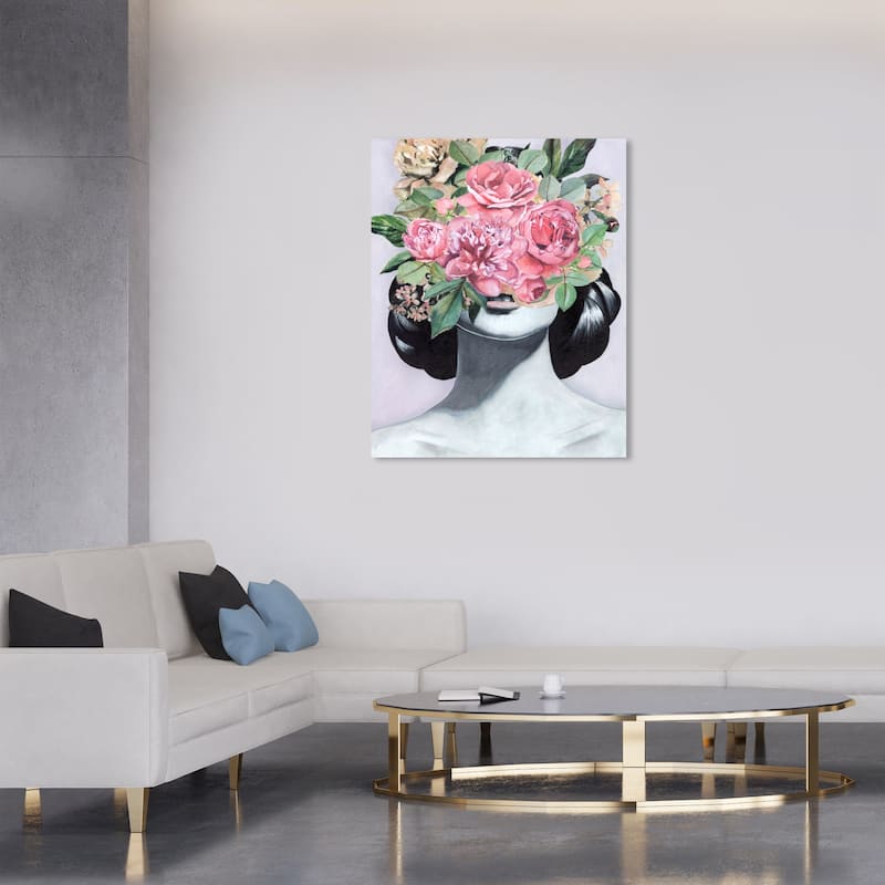 Wynwood Studio Fashion and Glam Girl with flowers Pink and Traditional Wall Art Canvas Print - 36 x 30