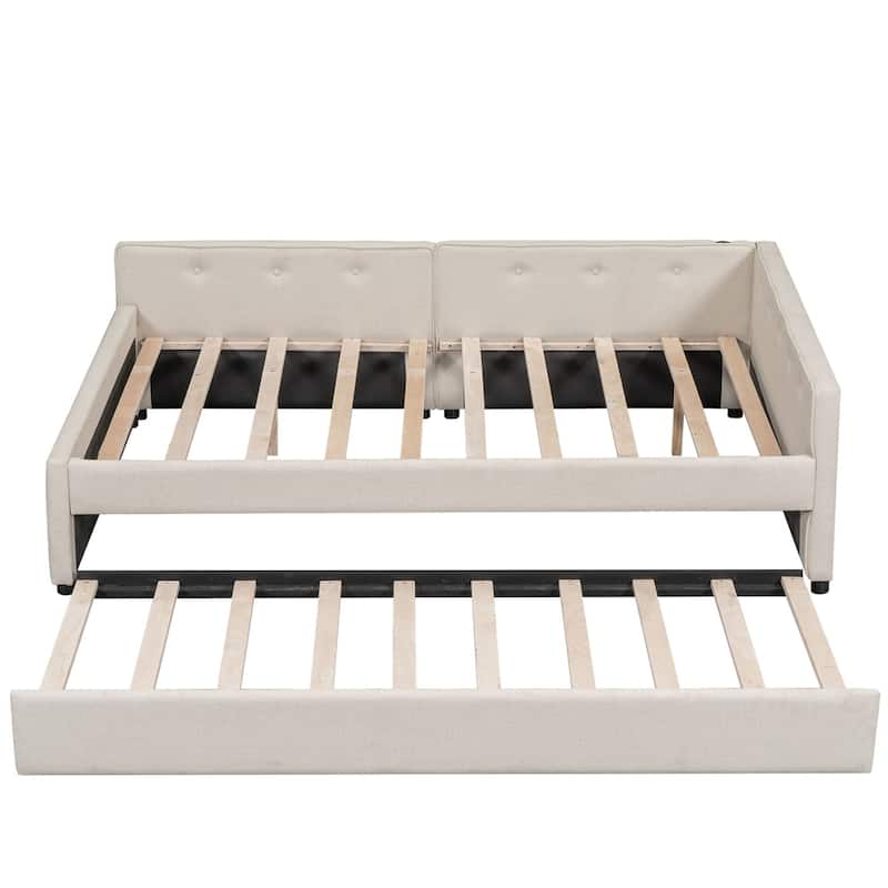 Full Size Upholstered Platform Bed with USB & Twin Size Trundle, Beige