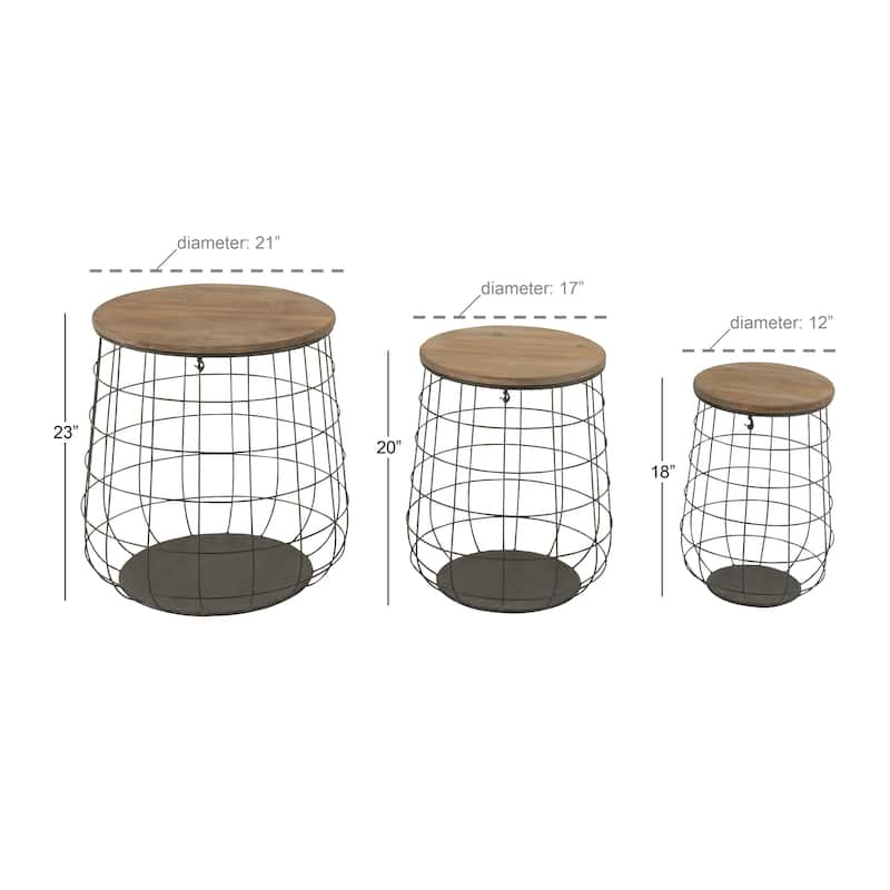 Brown Metal Decorative and Functional Storage Basket with Wood Lids (Set of 3)