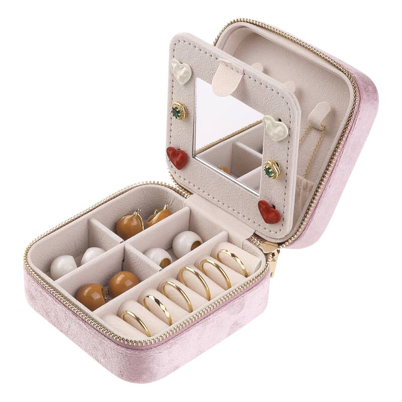 Travel Jewelry Box with Mirror for Birthday Gifts, Small Portable Plush Velvet Jewelry Organizer Case Storage Display Holder