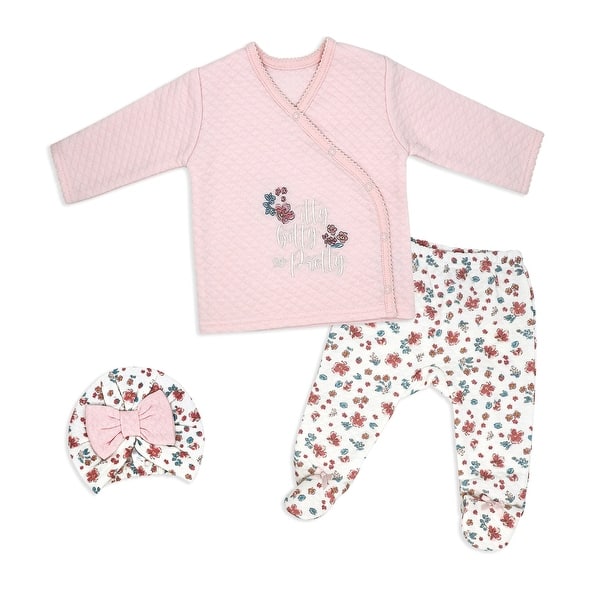 slide 2 of 5, Baby Girls 3 Piece Lightly Quilted Itty Bitty Layette Set, Pink Floral 0-3 months