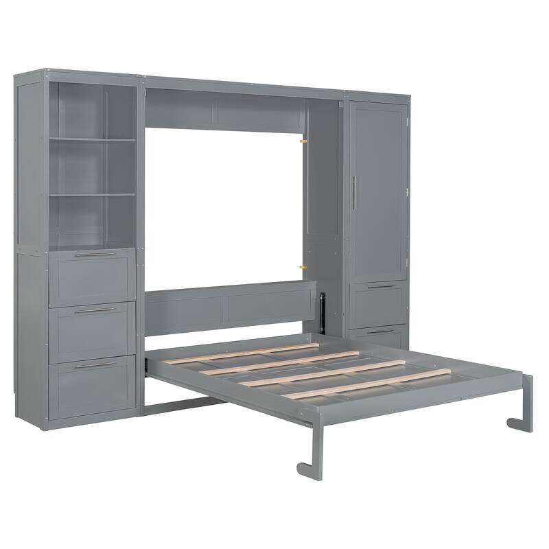Queen Size Murphy Wall Bed with Built-In Closet, Drawers, and Shelves, Space-Saving Design