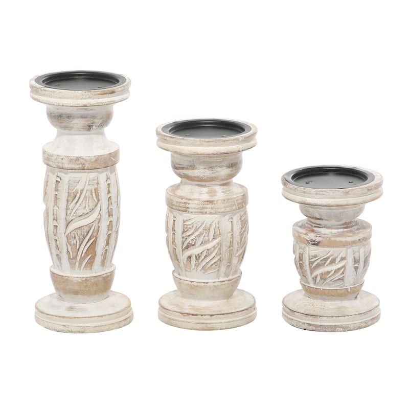 Wood Handmade Candle Holder with Carved Designs - Set of 3 White - Roche River Decor - 4"W x 4"L x 10"H