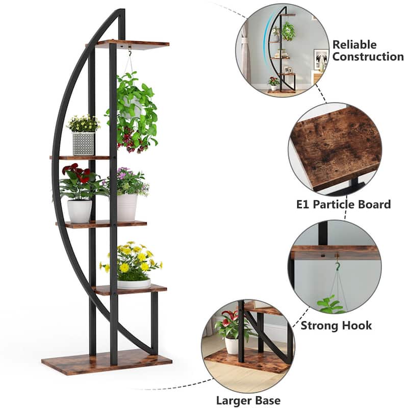 5-tier Flower Rack Plant Stands Wooden Display Shelf, Half Moon Flower Table (Set of 2)